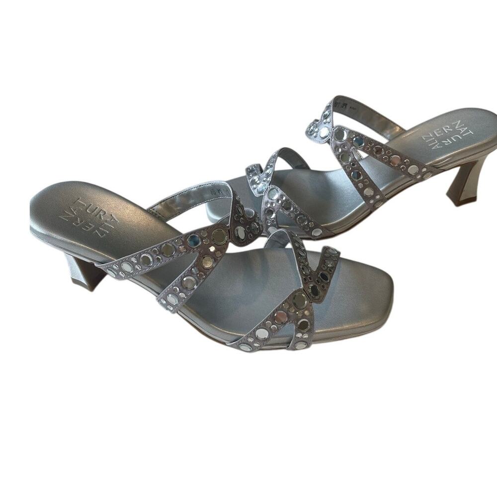 Naturalizer Kimi Slide Dress Sandals Silver Satin Sz 8M Jeweled Sparkly Event